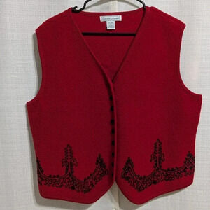 Stephanie Andrews Wool Sweater Vest Red Size XL Embroidered